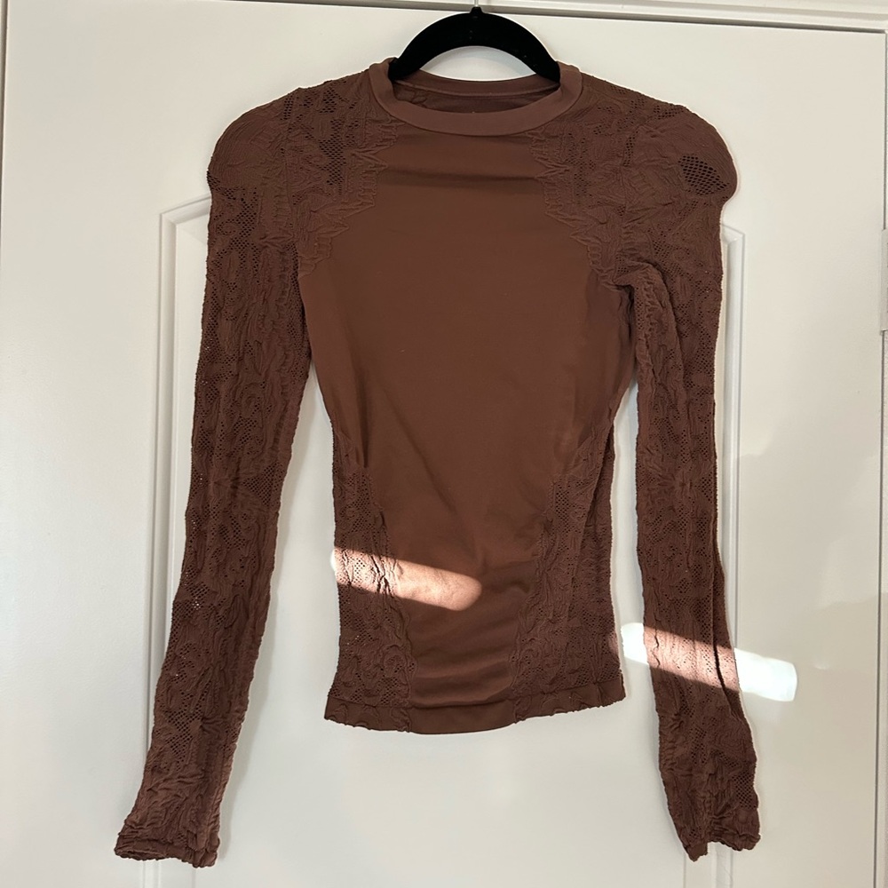 Free People Brown Lace Long Sleeve Fitted Blouse